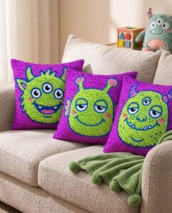 Tre färgglada monsterkuddar i en mjuk soffa i barnmiljö